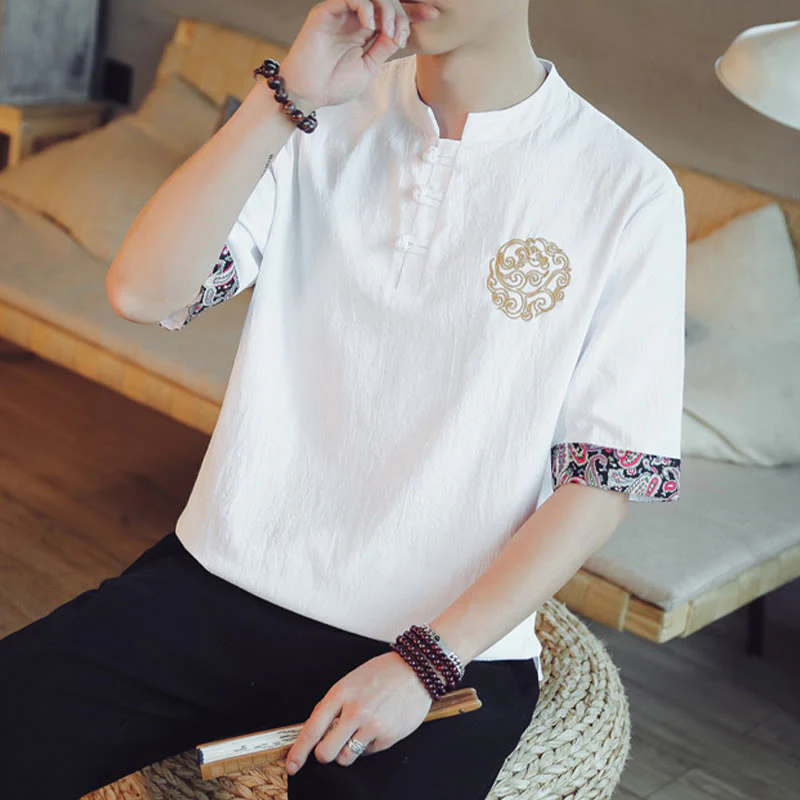 Buddha Stones Rana-Bottone Drago Ricamo Cinese Tang Suit Camicia Manica Corta Lino Abbigliamento Uomo - Image 24
