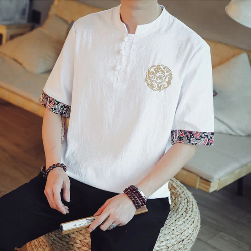 Buddha Stones Rana-Bottone Drago Ricamo Cinese Tang Suit Camicia Manica Corta Lino Abbigliamento Uomo - Image 25