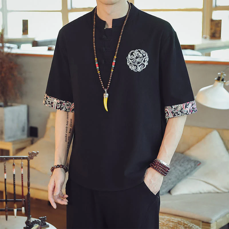 Buddha Stones Rana-Bottone Drago Ricamo Cinese Tang Suit Camicia Manica Corta Lino Abbigliamento Uomo - Image 26