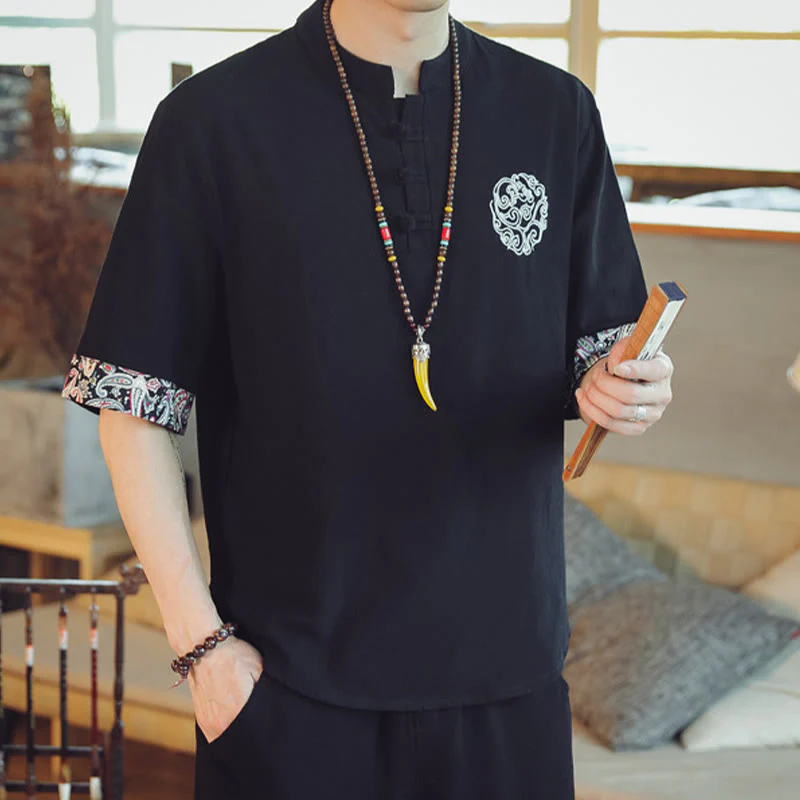 Buddha Stones Rana-Bottone Drago Ricamo Cinese Tang Suit Camicia Manica Corta Lino Abbigliamento Uomo - Image 27