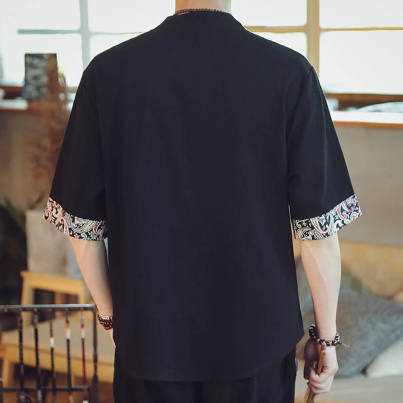 Buddha Stones Rana-Bottone Drago Ricamo Cinese Tang Suit Camicia Manica Corta Lino Abbigliamento Uomo - Image 28