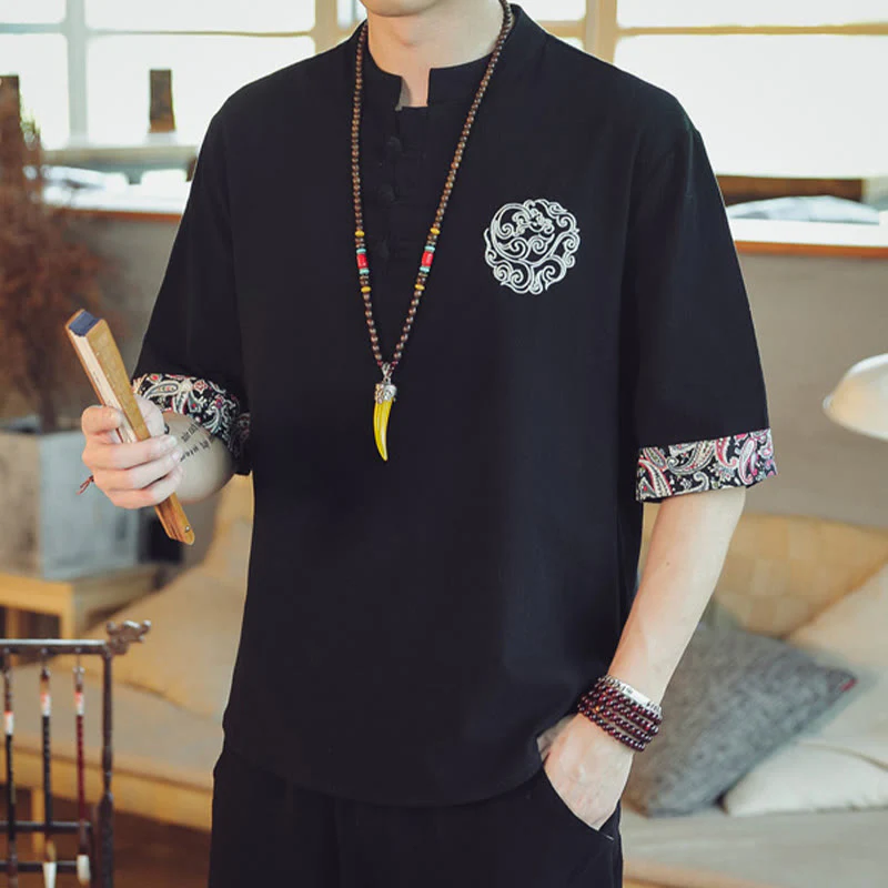 Buddha Stones Rana-Bottone Drago Ricamo Cinese Tang Suit Camicia Manica Corta Lino Abbigliamento Uomo - Image 30