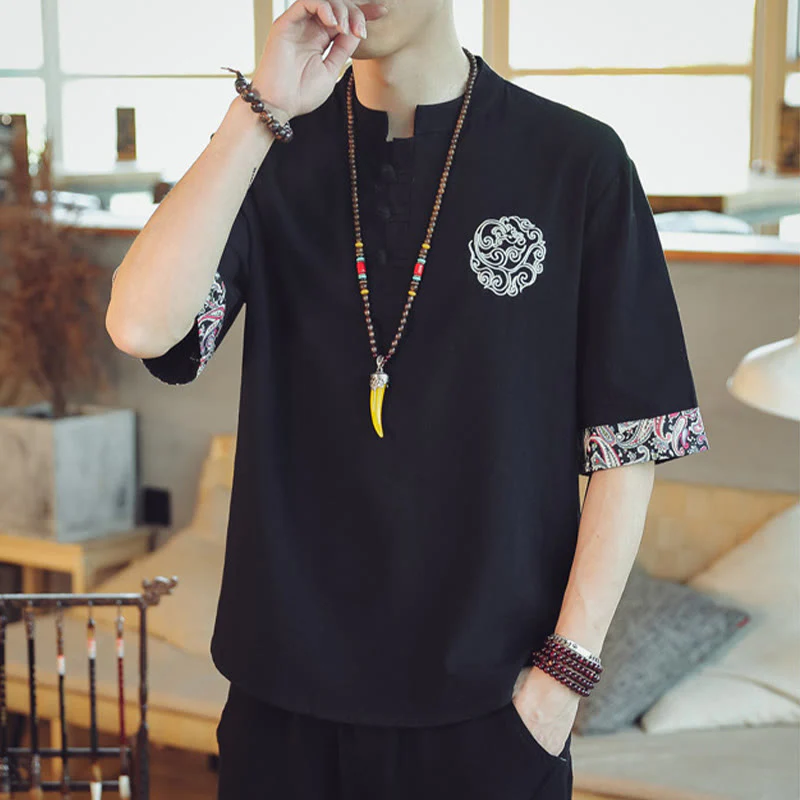 Buddha Stones Rana-Bottone Drago Ricamo Cinese Tang Suit Camicia Manica Corta Lino Abbigliamento Uomo - Image 31
