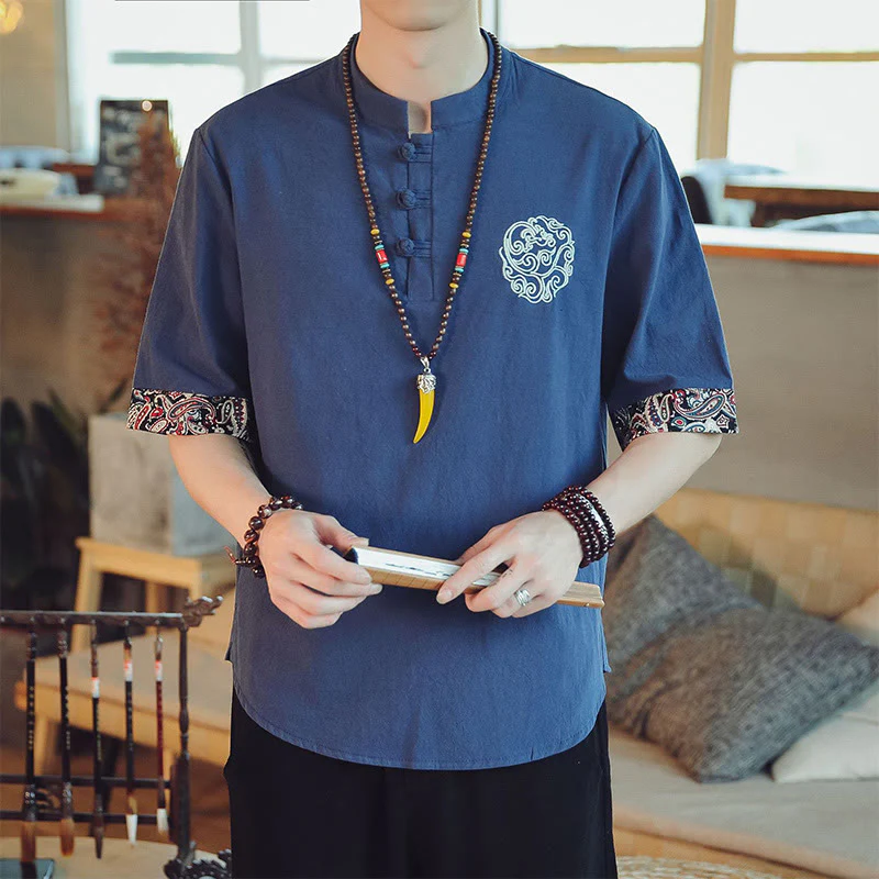Buddha Stones Rana-Bottone Drago Ricamo Cinese Tang Suit Camicia Manica Corta Lino Abbigliamento Uomo - Image 34