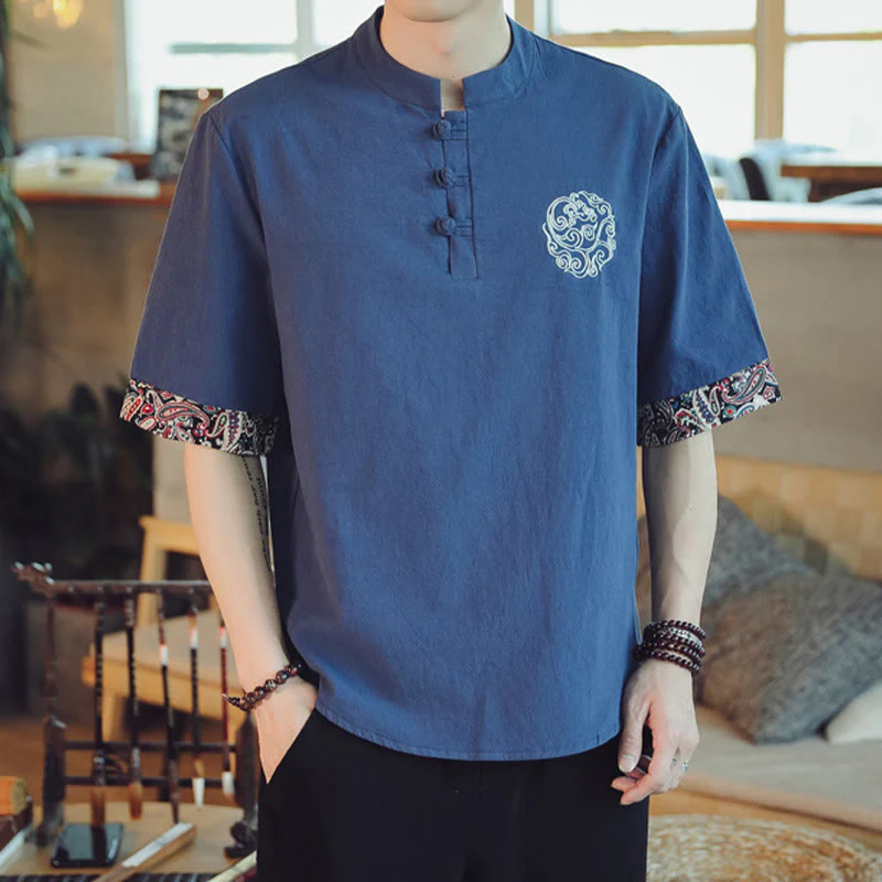 Buddha Stones Rana-Bottone Drago Ricamo Cinese Tang Suit Camicia Manica Corta Lino Abbigliamento Uomo - Image 35