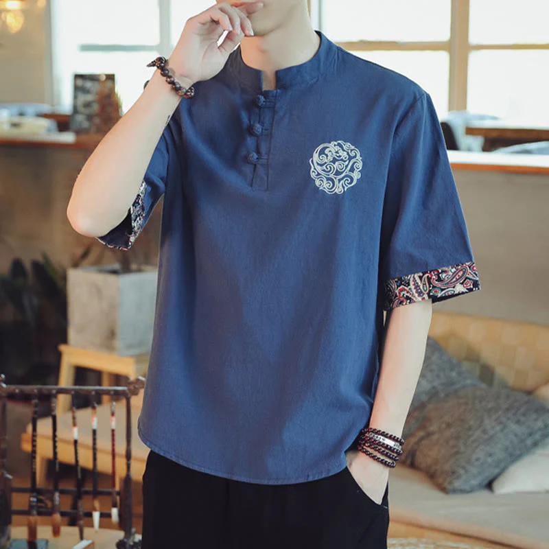 Buddha Stones Rana-Bottone Drago Ricamo Cinese Tang Suit Camicia Manica Corta Lino Abbigliamento Uomo - Image 37