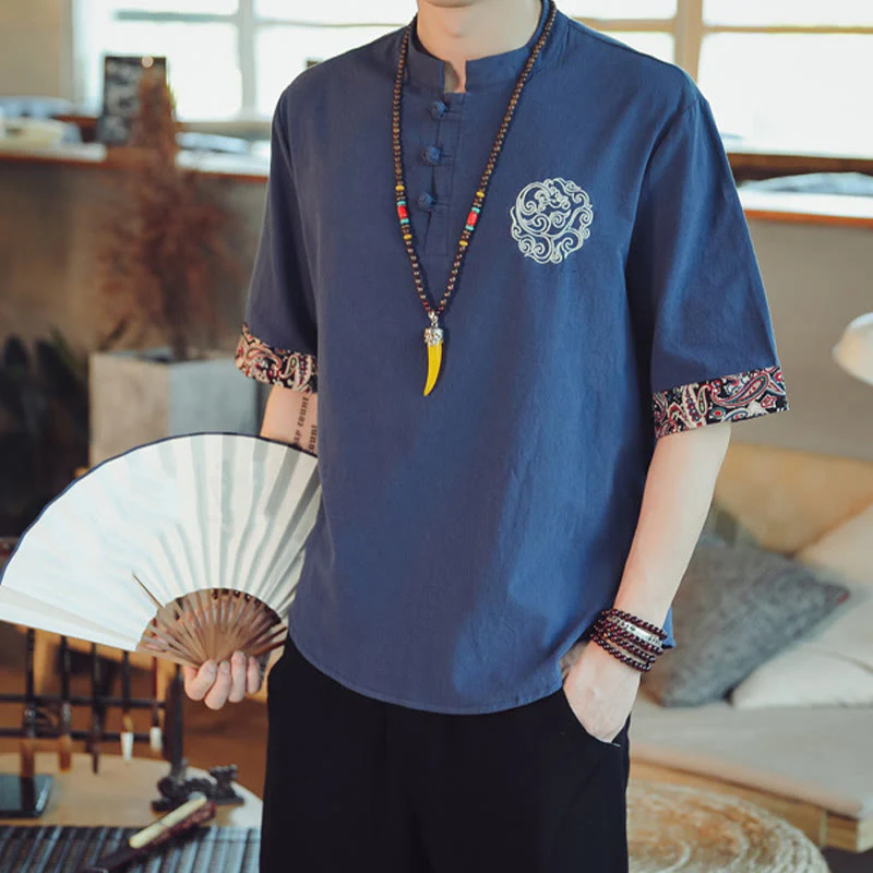 Buddha Stones Rana-Bottone Drago Ricamo Cinese Tang Suit Camicia Manica Corta Lino Abbigliamento Uomo - Image 39