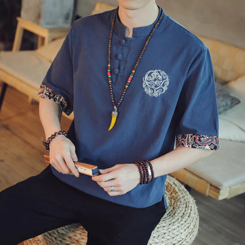 Buddha Stones Rana-Bottone Drago Ricamo Cinese Tang Suit Camicia Manica Corta Lino Abbigliamento Uomo - Image 40