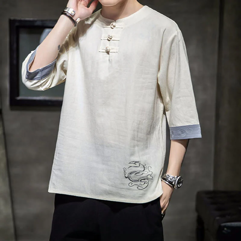 Buddha Stones Rana-Bottone Drago Ricamo Cinese Tang Suit Camicia Manica Tre Quarti Cotone Lino Abbigliamento Uomo - Image 11