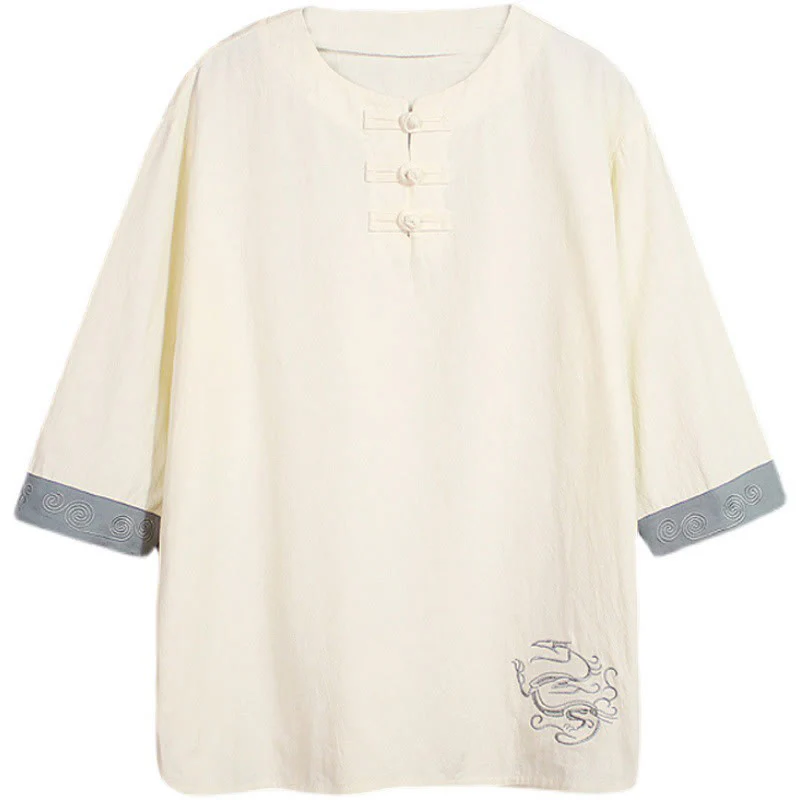 Buddha Stones Rana-Bottone Drago Ricamo Cinese Tang Suit Camicia Manica Tre Quarti Cotone Lino Abbigliamento Uomo - Image 12