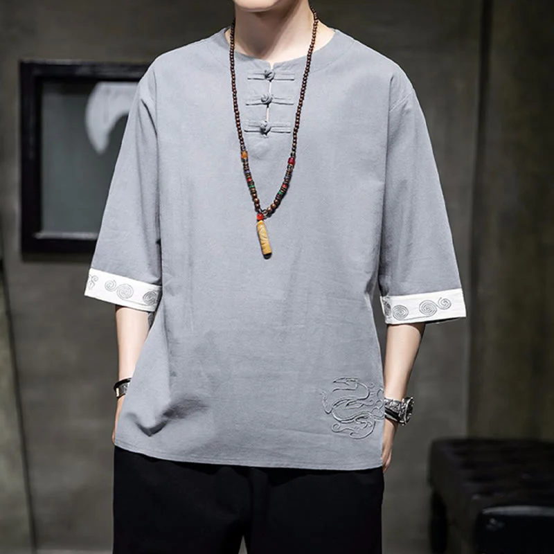 Buddha Stones Rana-Bottone Drago Ricamo Cinese Tang Suit Camicia Manica Tre Quarti Cotone Lino Abbigliamento Uomo - Image 13