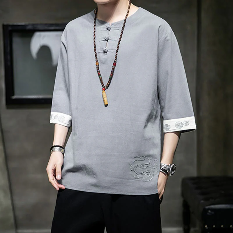 Buddha Stones Rana-Bottone Drago Ricamo Cinese Tang Suit Camicia Manica Tre Quarti Cotone Lino Abbigliamento Uomo - Image 14