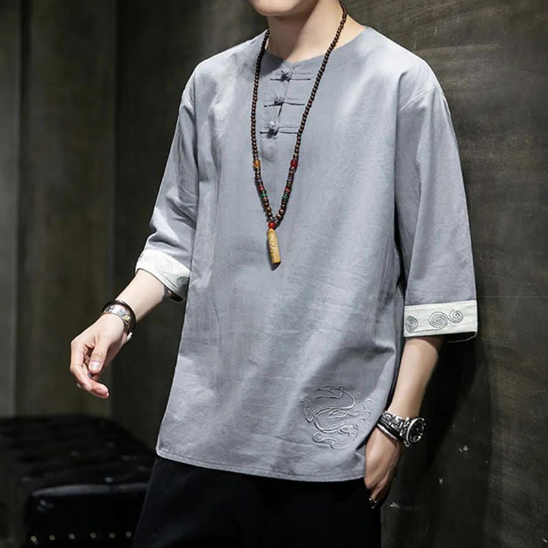 Buddha Stones Rana-Bottone Drago Ricamo Cinese Tang Suit Camicia Manica Tre Quarti Cotone Lino Abbigliamento Uomo - Image 17