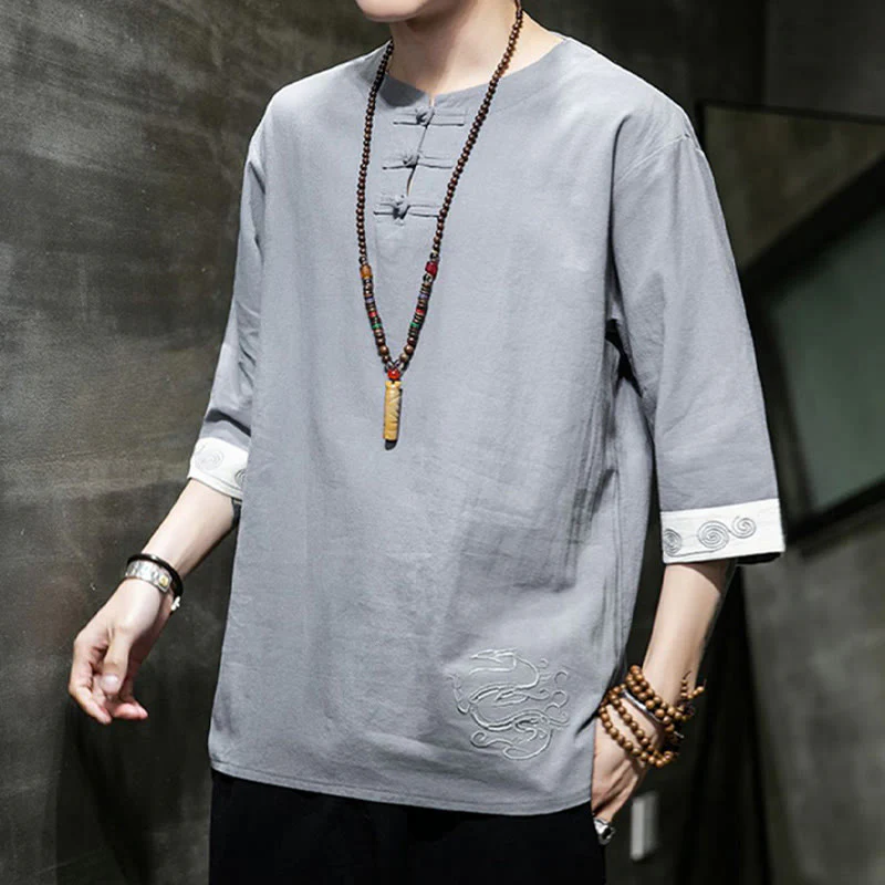 Buddha Stones Rana-Bottone Drago Ricamo Cinese Tang Suit Camicia Manica Tre Quarti Cotone Lino Abbigliamento Uomo - Image 18