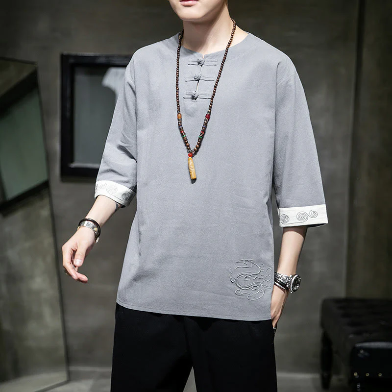 Buddha Stones Rana-Bottone Drago Ricamo Cinese Tang Suit Camicia Manica Tre Quarti Cotone Lino Abbigliamento Uomo - Image 19