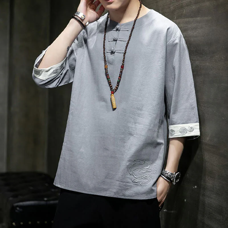 Buddha Stones Rana-Bottone Drago Ricamo Cinese Tang Suit Camicia Manica Tre Quarti Cotone Lino Abbigliamento Uomo - Image 20