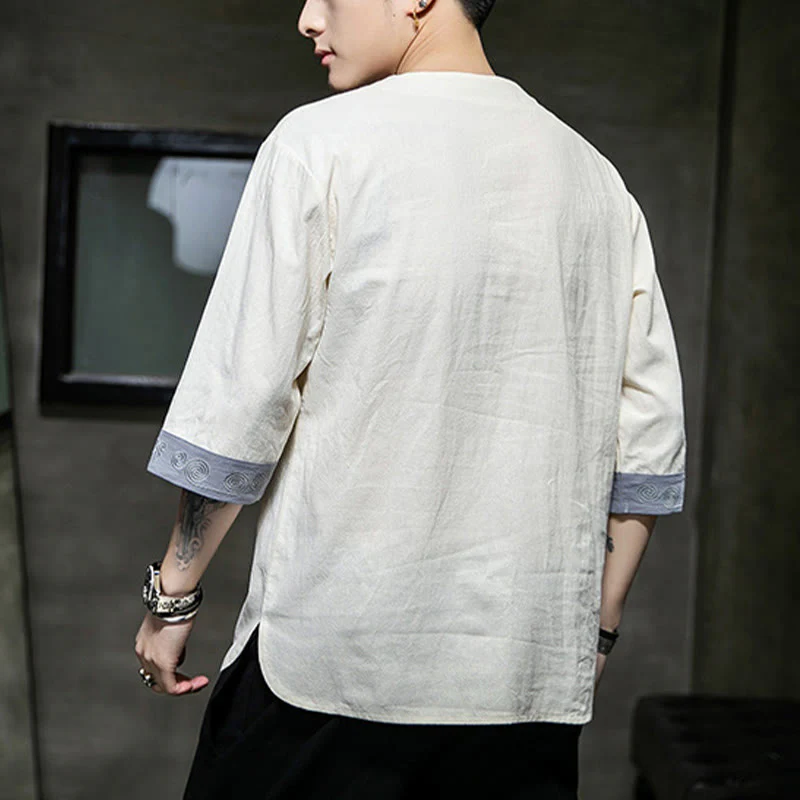 Buddha Stones Rana-Bottone Drago Ricamo Cinese Tang Suit Camicia Manica Tre Quarti Cotone Lino Abbigliamento Uomo - Image 3