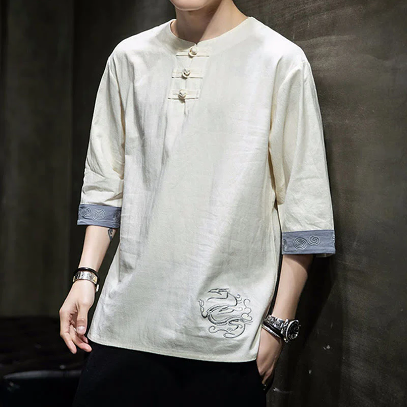 Buddha Stones Rana-Bottone Drago Ricamo Cinese Tang Suit Camicia Manica Tre Quarti Cotone Lino Abbigliamento Uomo - Image 5