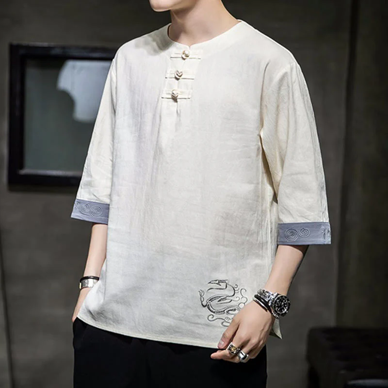 Buddha Stones Rana-Bottone Drago Ricamo Cinese Tang Suit Camicia Manica Tre Quarti Cotone Lino Abbigliamento Uomo - Image 7