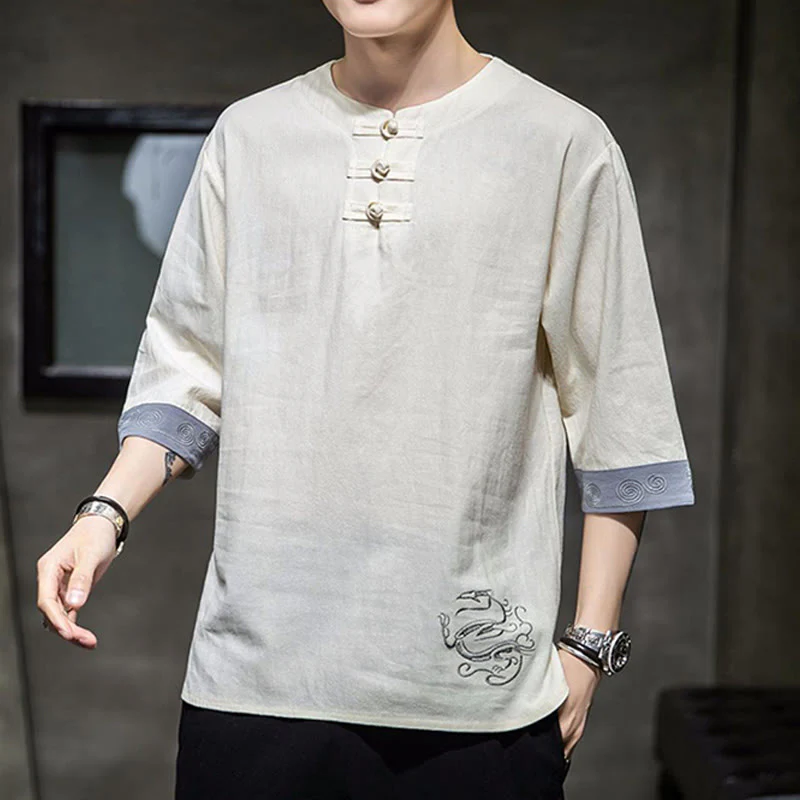 Buddha Stones Rana-Bottone Drago Ricamo Cinese Tang Suit Camicia Manica Tre Quarti Cotone Lino Abbigliamento Uomo - Image 8