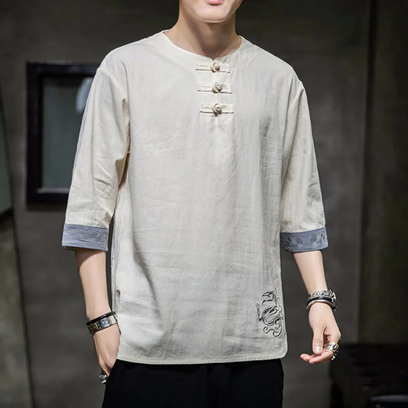 Buddha Stones Rana-Bottone Drago Ricamo Cinese Tang Suit Camicia Manica Tre Quarti Cotone Lino Abbigliamento Uomo - Image 9