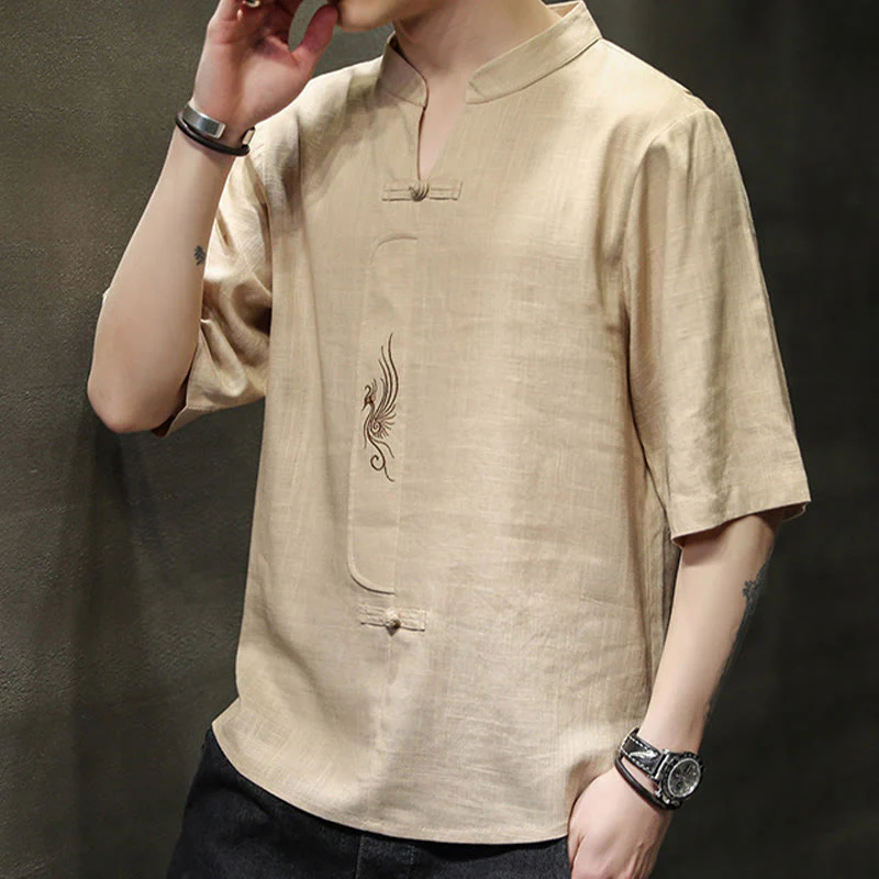 Buddha Stones Rana-Bottone Fenice Ricamo Cinese Tang Suit Camicia Manica Corta Cotone Lino Abbigliamento Uomo - Image 14