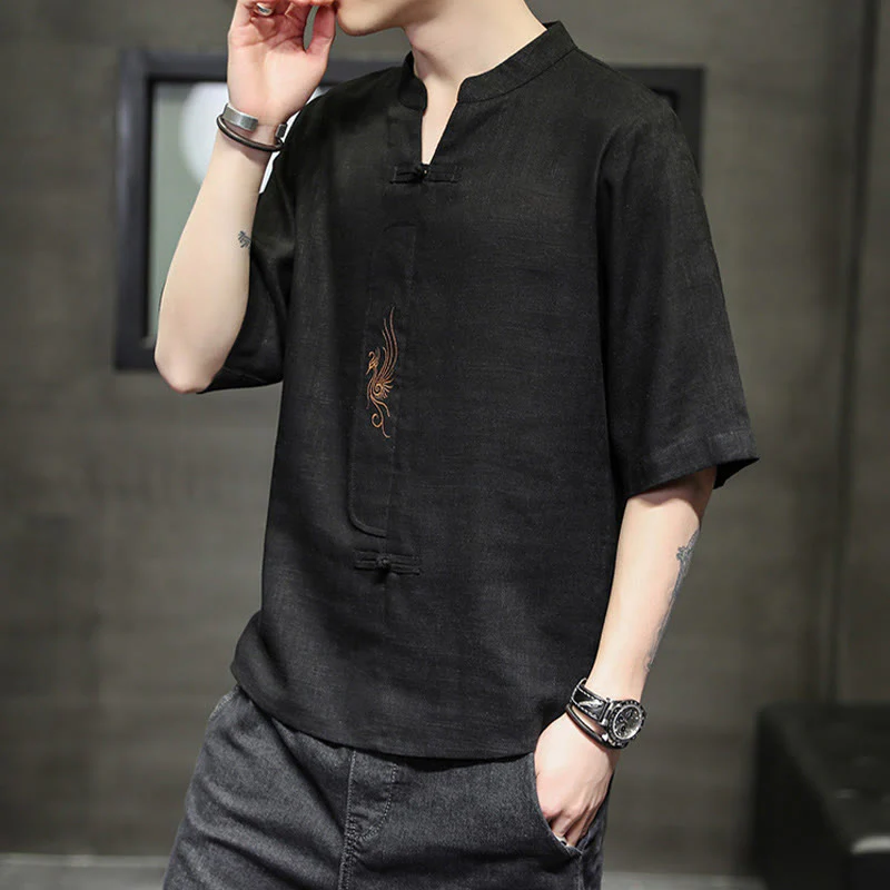 Buddha Stones Rana-Bottone Fenice Ricamo Cinese Tang Suit Camicia Manica Corta Cotone Lino Abbigliamento Uomo - Image 22