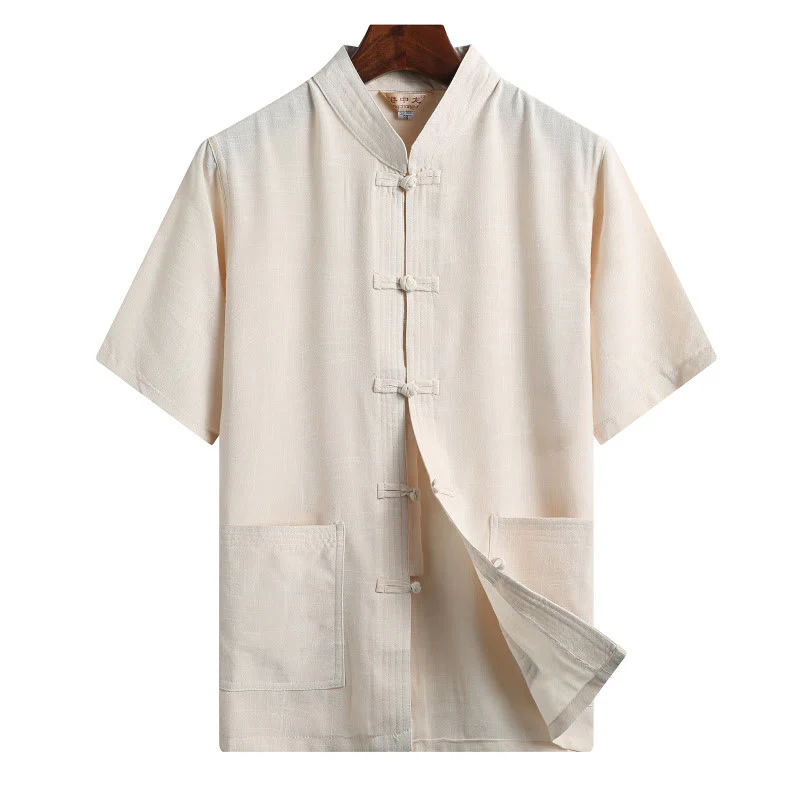 Buddha Stones Rana-Bottone Fu Carattere Drago Foglia di Bambù Cinese Tang Suit Camicia Manica Corta Lino Con Tasche - Image 15