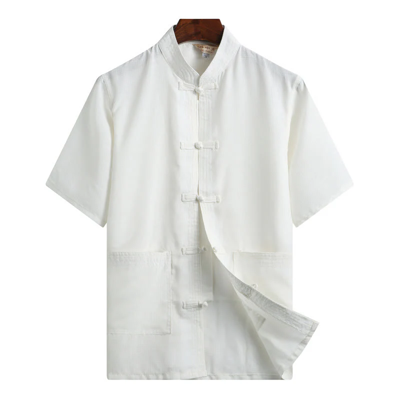 Buddha Stones Rana-Bottone Fu Carattere Drago Foglia di Bambù Cinese Tang Suit Camicia Manica Corta Lino Con Tasche - Image 17