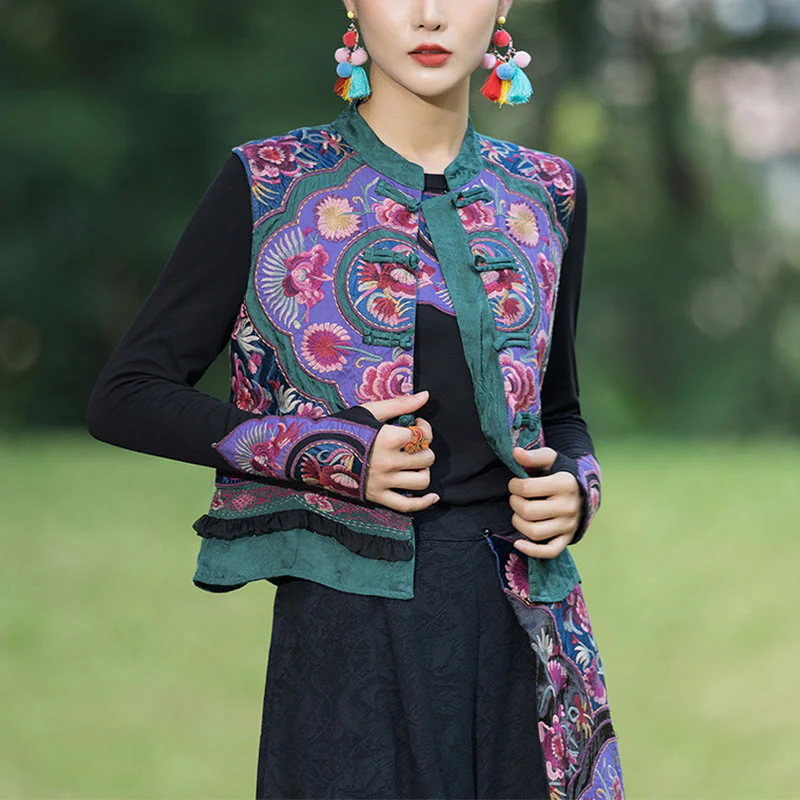 Buddha Stones Rana-Bottone Ricamo Fiori Cotone Lino Tang Suit Design Gilet Senza Maniche - Image 2