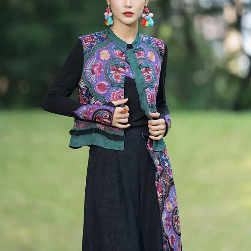 Buddha Stones Rana-Bottone Ricamo Fiori Cotone Lino Tang Suit Design Gilet Senza Maniche - Image 3