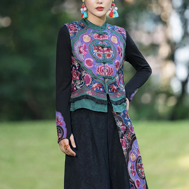 Buddha Stones Rana-Bottone Ricamo Fiori Cotone Lino Tang Suit Design Gilet Senza Maniche - Image 4