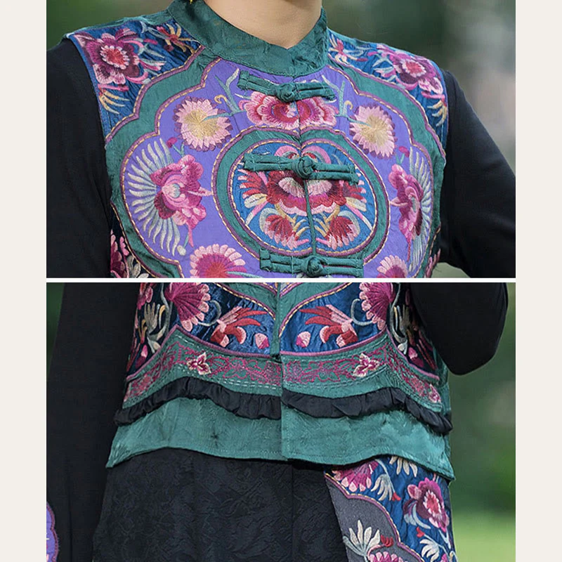 Buddha Stones Rana-Bottone Ricamo Fiori Cotone Lino Tang Suit Design Gilet Senza Maniche - Image 9