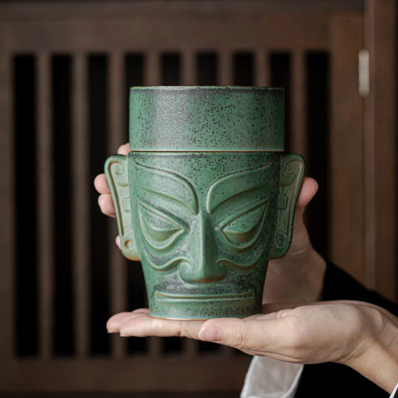 Buddha Stones Reliquie dell'età del bronzo Maschera Sanxingdui Tumulo a tre stelle Bruciatore di incenso curativo in ceramica - Image 2
