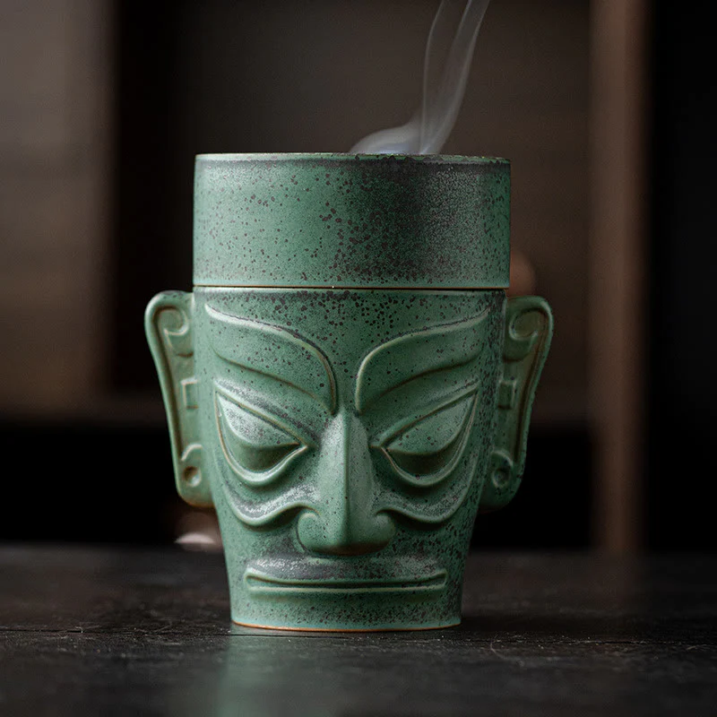 Buddha Stones Reliquie dell'età del bronzo Maschera Sanxingdui Tumulo a tre stelle Bruciatore di incenso curativo in ceramica - Image 3