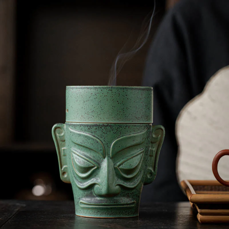 Buddha Stones Reliquie dell'età del bronzo Maschera Sanxingdui Tumulo a tre stelle Bruciatore di incenso curativo in ceramica - Image 9