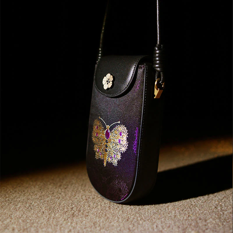 Buddha Stones Retro Fiore Farfalla Foglie Rami Canzone Broccato Borsa a Tracolla Hangbags - Image 4