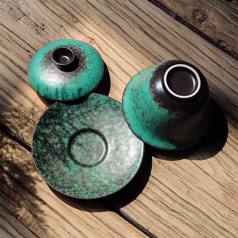 Buddha Stones Retro Green Glaze Ceramic Gaiwan Sancai Tazza da tè Kung Fu Tazza da tè e piattino con coperchio - Image 3
