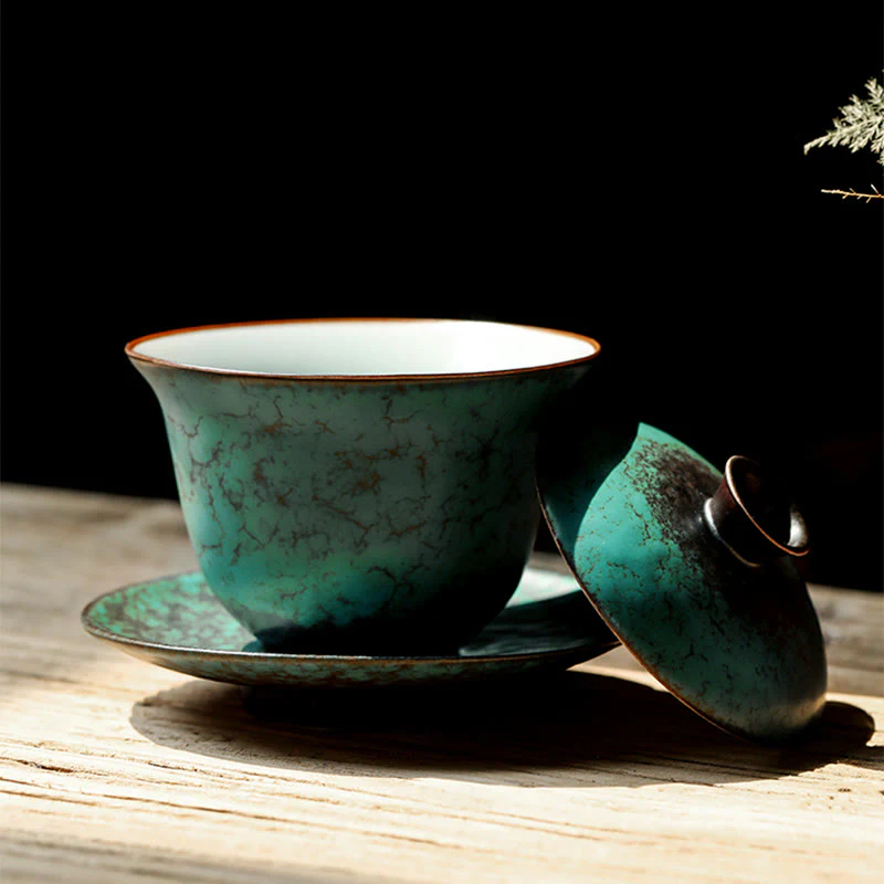 Buddha Stones Retro Green Glaze Ceramic Gaiwan Sancai Tazza da tè Kung Fu Tazza da tè e piattino con coperchio - Image 4