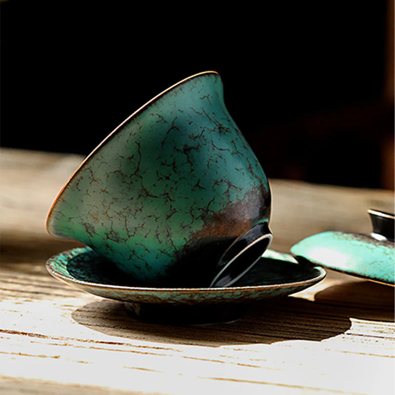 Buddha Stones Retro Green Glaze Ceramic Gaiwan Sancai Tazza da tè Kung Fu Tazza da tè e piattino con coperchio - Image 5