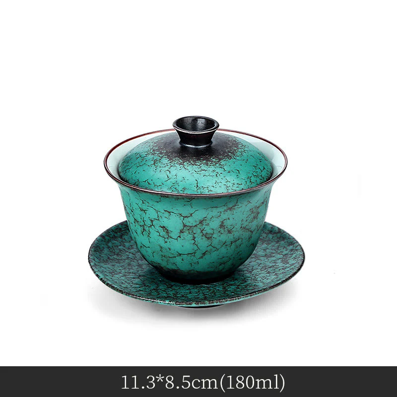 Buddha Stones Retro Green Glaze Ceramic Gaiwan Sancai Tazza da tè Kung Fu Tazza da tè e piattino con coperchio - Image 6