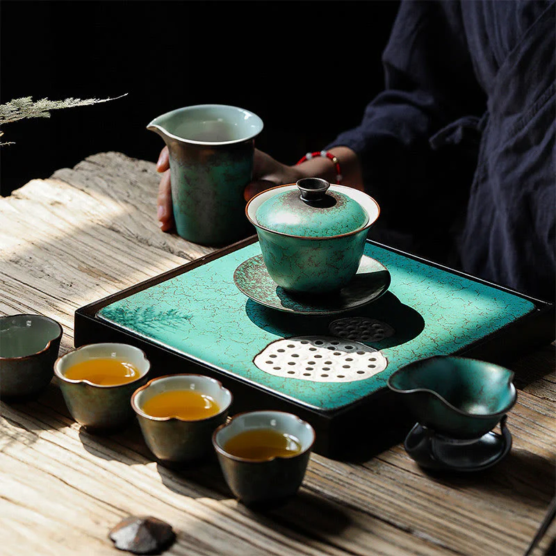 Buddha Stones Retro Green Glaze Ceramic Gaiwan Sancai Tazza da tè Kung Fu Tazza da tè e piattino con coperchio - Image 8
