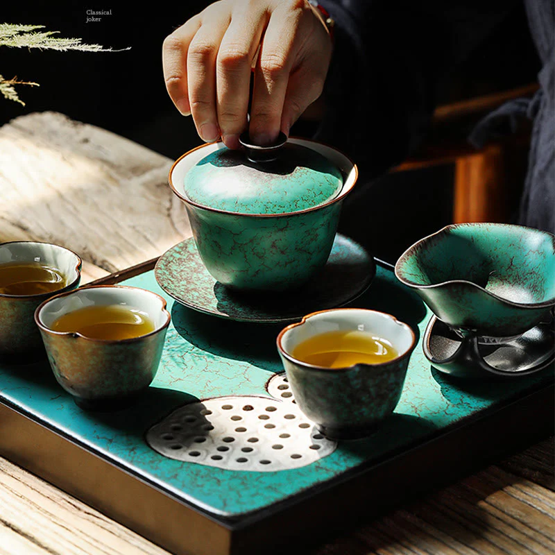 Buddha Stones Retro Green Glaze Ceramic Gaiwan Sancai Tazza da tè Kung Fu Tazza da tè e piattino con coperchio - Image 9