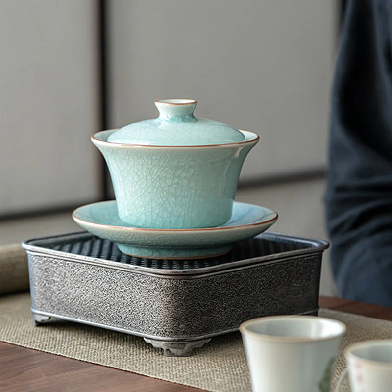 Buddha Stones Retro Green Ice Glaze Ceramic Gaiwan Sancai Tazza da tè Kung Fu Tazza da tè e piattino con coperchio - Image 7
