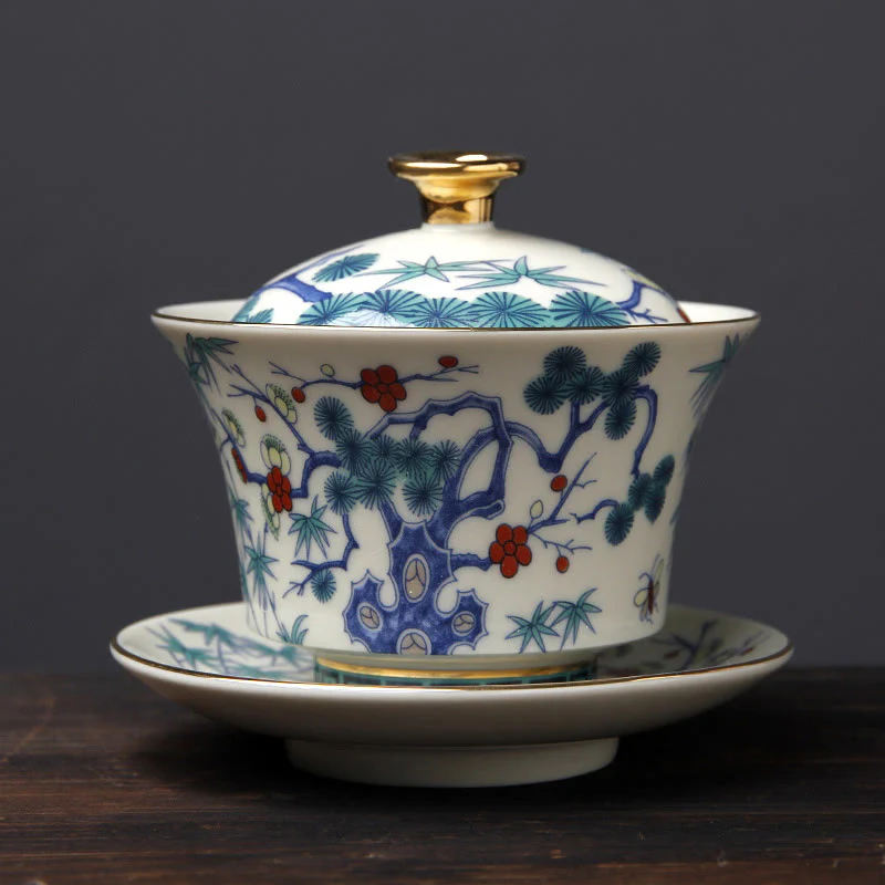 Buddha Stones Retro Prugna Fiore Pino Bambù Fenice Kirin Ceramica Gaiwan Sancai Tazza da tè Kung Fu Tazza da tè e piattino con coperchio - Image 2