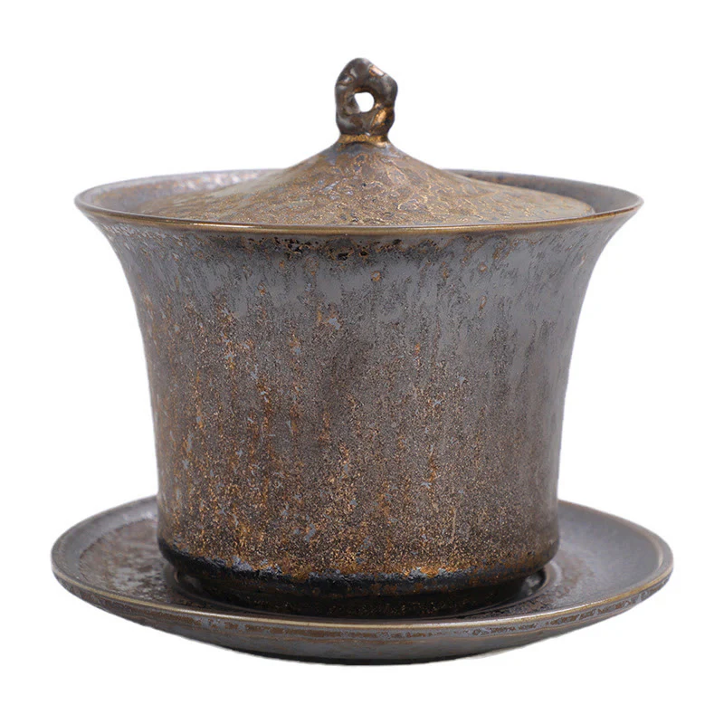 Buddha Stones Retro Rust Glaze Ceramic Gaiwan Sancai Tazza da tè Kung Fu Tazza da tè e piattino con coperchio - Image 10