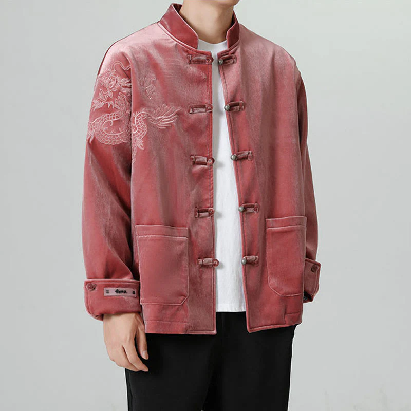 Buddha Stones Ricama Drago Casual Rana-bottoni Cotone Giacca Camicia Abbigliamento Uomo - Image 2