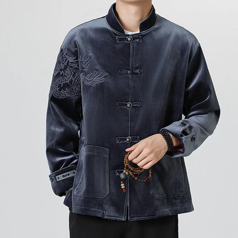 Buddha Stones Ricama Drago Casual Rana-bottoni Cotone Giacca Camicia Abbigliamento Uomo - Image 31