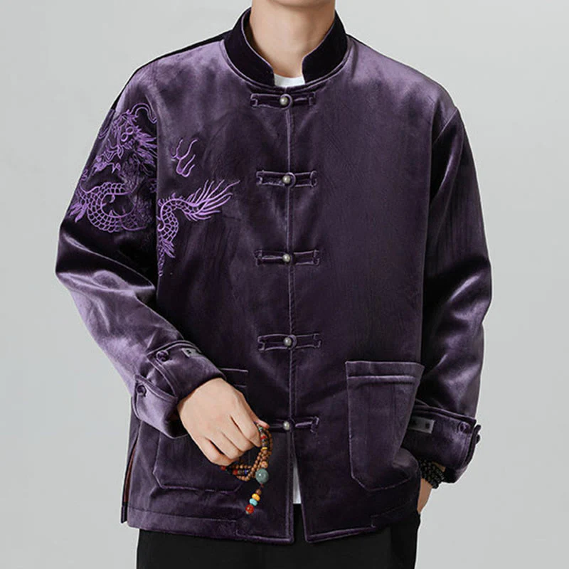 Buddha Stones Ricama Drago Casual Rana-bottoni Cotone Giacca Camicia Abbigliamento Uomo - Image 37