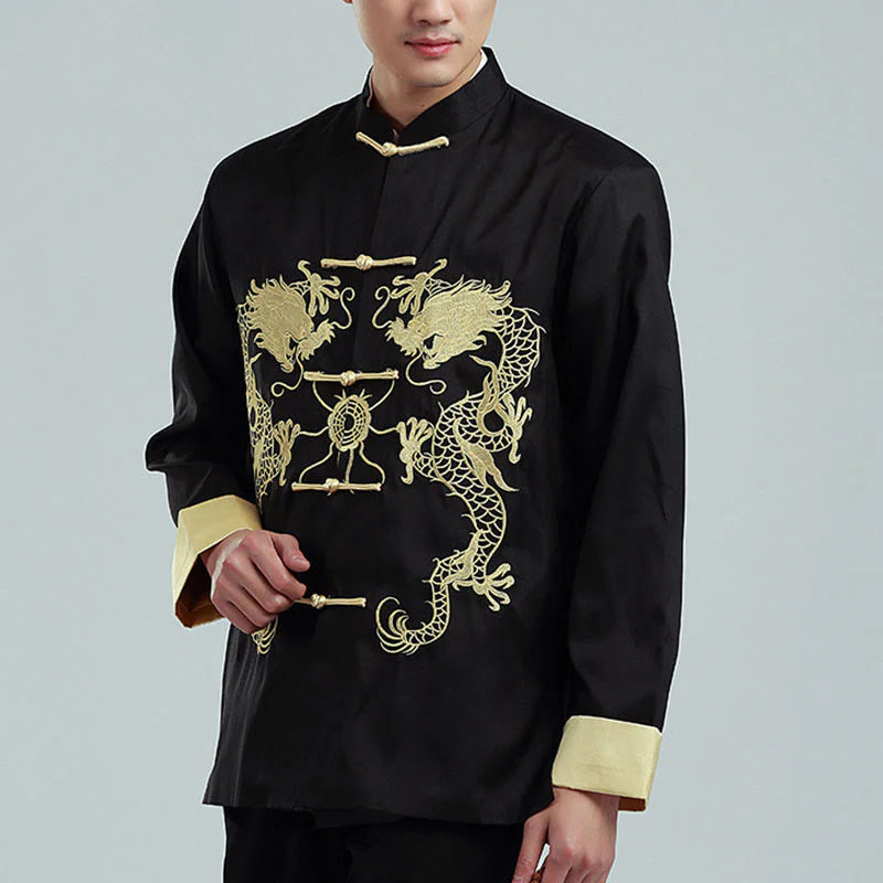 Buddha Stones Ricama Drago Maniche Girate Casual Rana-bottoni Fibra di Poliestere Giacca Camicia Pantaloni Abbigliamento Uomo - Image 10